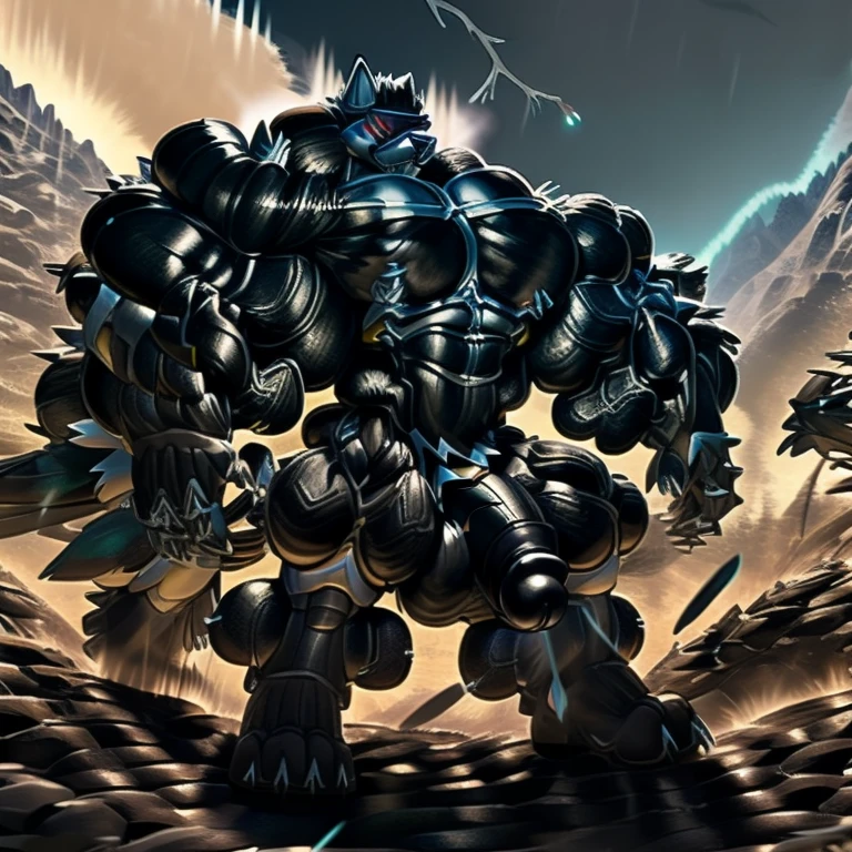 LUCARIO, (gigantic muscles), 8K, Masterpiece, highres, future fiction. Detailed head, Detailed Body, full body, Detailed abs, wearing crNanosuit, big muscle (pecs, triceps, traps) unusually developed muscular body, body full of huge muscles. showing off muscles, pectorales enormes. Exaggeratedly huge muscles. Gigachad Muscular, gigantic muscles, Colossal giant NANOSUIT over a battlefield, The claws are sharp, Sharp teeth, Spread wings, have big wings. nj5furry, Animal paws, thunderstorm, rainy weather, lightning, hyper penis (black color), long legs, medieval armor