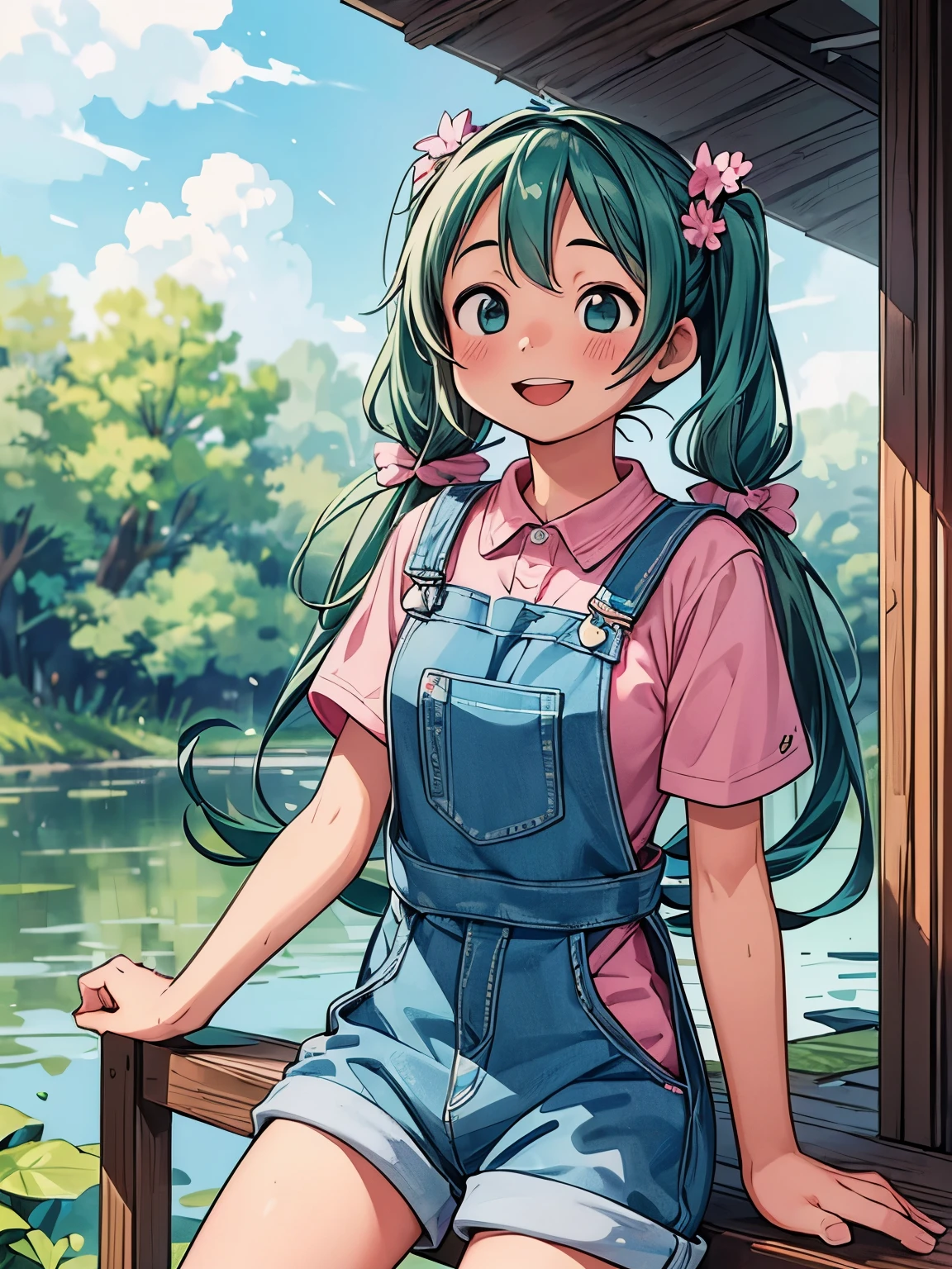 (masterpiece、highest quality、highest quality、Official Art、Beautiful and beautiful:1.2)、(One girl:1.3)Hatsune Miku、Twin tails,Big Breasts,masterpiece,highest quality, 1 girl,alone,Urarakaharu,Work clothes,Overalls Shorts,Flower-shaped pupil,change,Pink Shirt,Have ice cream,(ponytail:0.6),smile,Open your mouth,cloudy, 