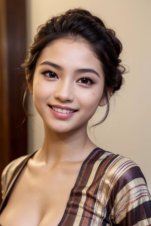 ((Attention while browsing)), 1girl, (face close-up:1.21), (smiling mouth:1.37), (Exquisite facial details), (Highest quality realistic skin texture:1.4), Supermodel, , Perfect Anatomy:1.37, Indonesian women, high school girl, gravure, sexy, ((wearing women's shirt, vertical striped motif, 2 striped patterns, light brown and dark brown)), profile shot, traditional costume, emir, backdrop, formal attire, (In the party room at night:1.21), Very detailed, Correct teeth position, (Brown eyes) , Symmetrical eyes, Thin eyelashes, Sharpen eyebrows, ((Good eyes for quality:1.2)), (Long eyeliner), (Pink lipstick:0.8), (Nose detail:1.2), Perfect composition, (look fresh and excited:1.2), (Beautiful Lips:1.33), (Short nose:1.2), (medium natural breasts), (Sexy lower body), (seductive cleavage: 1.37), (updo hair style:1.37), (colored hair brown:1.21), ((Realistic)), ((Sharp focus)), (Highest Resolution), dramatic cinematography lighting.