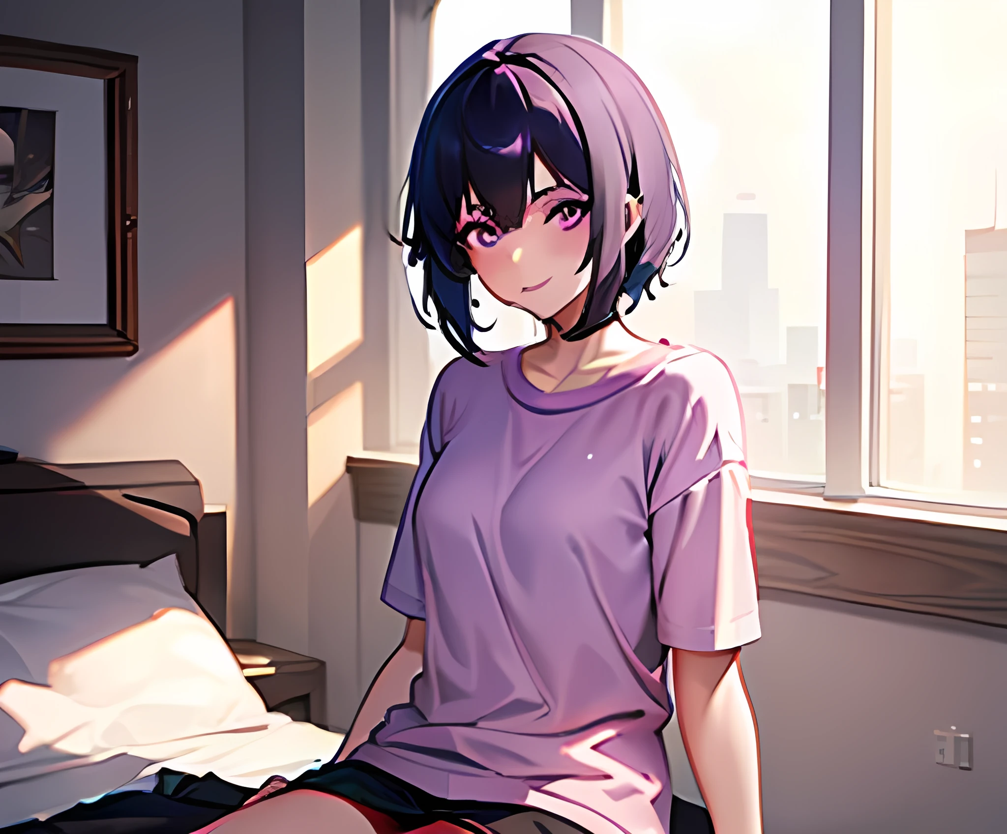 Masterpiece, 4k, looking at viewer, ultrasharp, high res, 1 girl, purple eyes, black hair, short hair, casual clothing, small smile, average height, bedroom, sitting down