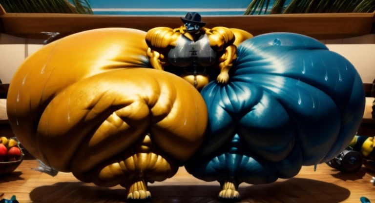 4k, high resolution, best quality, perfect lightning, perfect, solo, anthro, young, boy,golden yellow wolf:2.0, furry body, (fluffy mane:1.2), fluffy tail, male, adult, (bulky2:0, thick muscles2:0, huge muscles:2.0, hyper muscles:2.0), (thick biceps, veiny biceps, broad shoulders:2.0), (thick legs, thick calves:1.1), (digitigrade legs, 4 toes:1.2), perfect colors, (photorealistic fur, detailed fur, epic, masterpiece), (suggestive posing:1.2), (seductive smile, lustful grin 1.3), detailed beach,detailed wolf eyes:2.0, by k0suna, by darkgem，nipple ring，hyper arms:2.0，veins,white body,golden yellow fur,hyper butt:2.0,hyper paws:2.0，standing，thick legs，thick butts:2.0,sweat body:2.0,massive butt:2.0,black hat,hyper ass:2.0,huge ass,long legs,juicy butt:2.0,butt like a wall,insanely inflated hips,hyper heavy butt