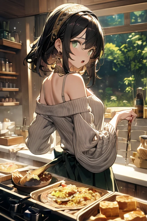(small breasts:1.3), (perky chest:1.1), (pointed chest:1.0), (fashion magazine cover:1.3),(from below:1.0),(from side:0.9),masterpiece, 1girl, Amazing Cleavage:1.1, thin waist, big ass, Raised , small breast: 1.3, posed cleavage:1.2、solo, looking at viewer, open mouth, have a cute grass of cute beergrass,black hair, dark green eyes, dress, bare shoulders, jewelry, collarbone, sidelocks, hairband, earrings, indoors, off shoulder, :o, sweater, arms behind back, plant, short hair with long locks, gild hairband, off-shoulder dress, sweater dress, off-shoulder sweater, red sweater, dark gord hair, big side hair, very long side hair,is rendered in (masterpiece: 1.2, best quality), with (ultra high resolution) and an exquisite (depth of field). This masterpiece is not only visually stunning but also tells,A scene of cooking in the kitchen by classroom