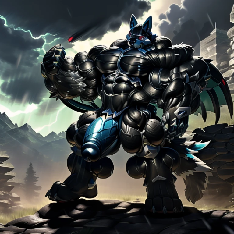 LUCARIO, (gigantic muscles), 8K, Masterpiece, highres, future fiction. Detailed head, Detailed Body, full body, Detailed abs, wearing crNanosuit, big muscle (pecs, triceps, traps) unusually developed muscular body, body full of huge muscles. showing off muscles, pectorales enormes. Exaggeratedly huge muscles. Gigachad Muscular, gigantic muscles, Colossal giant NANOSUIT over a battlefield, The claws are sharp, Sharp teeth, Spread wings, have big wings. nj5furry, Animal paws, thunderstorm, rainy weather, lightning, hyper penis (black color), long legs, medieval armor