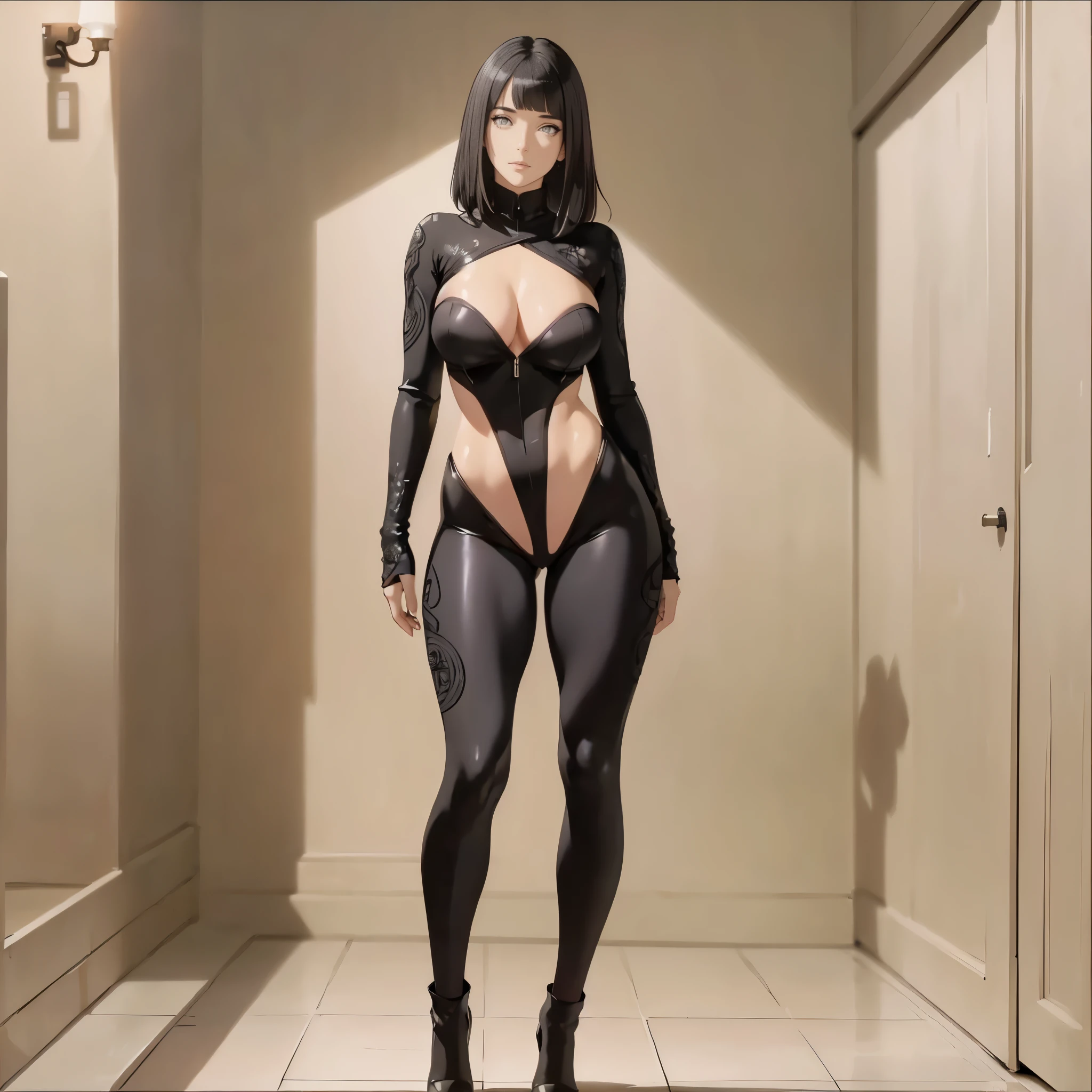 ((1girl, solo, full body)), ((standing)), ((from behind)), (perfect anatomy, perfect hands, perfect legs), beautiful body, natural proportions, ((back)) BREAK
extremely detailed face, (beautiful detailed eyes:1.6), (realistic pupils, realistic iris:1), expressive eyes, looking at viewer, (hyperrealistic:1), (detailed skin texture:1.2), smooth skin, (black hair:1.5), (white eyes:1.4), (short hair:1.5), hinata hyuga BREAK
(((skin tight))), ((black outfit)) BREAK
(masterpiece:1.2), best quality, high resolution, (highly detailed shading), (realistic lighting:1.2), anime-style, perfect lighting, bright lighting, vibrant colors, dynamic tones, striking hues, 8k, absurd resolution, perfect shadows, hdr, UHD, ambient lighting, realistic, ultra-realistic, photo realistic, highly detailed, rich detail, luminous colors, fine texture, intricate design, professional illustration, (soft light), (illustration:0.8)