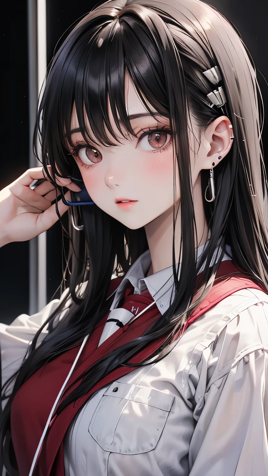 Portrait of a beautiful 18 year old girl, slightly brownish black hair,Black hair that turns brownish when exposed to light。Office Lady。Gorgeous Japanese,  (dark private office, Dark and dark light: 1.2)Red clothes、One headphone on the ear