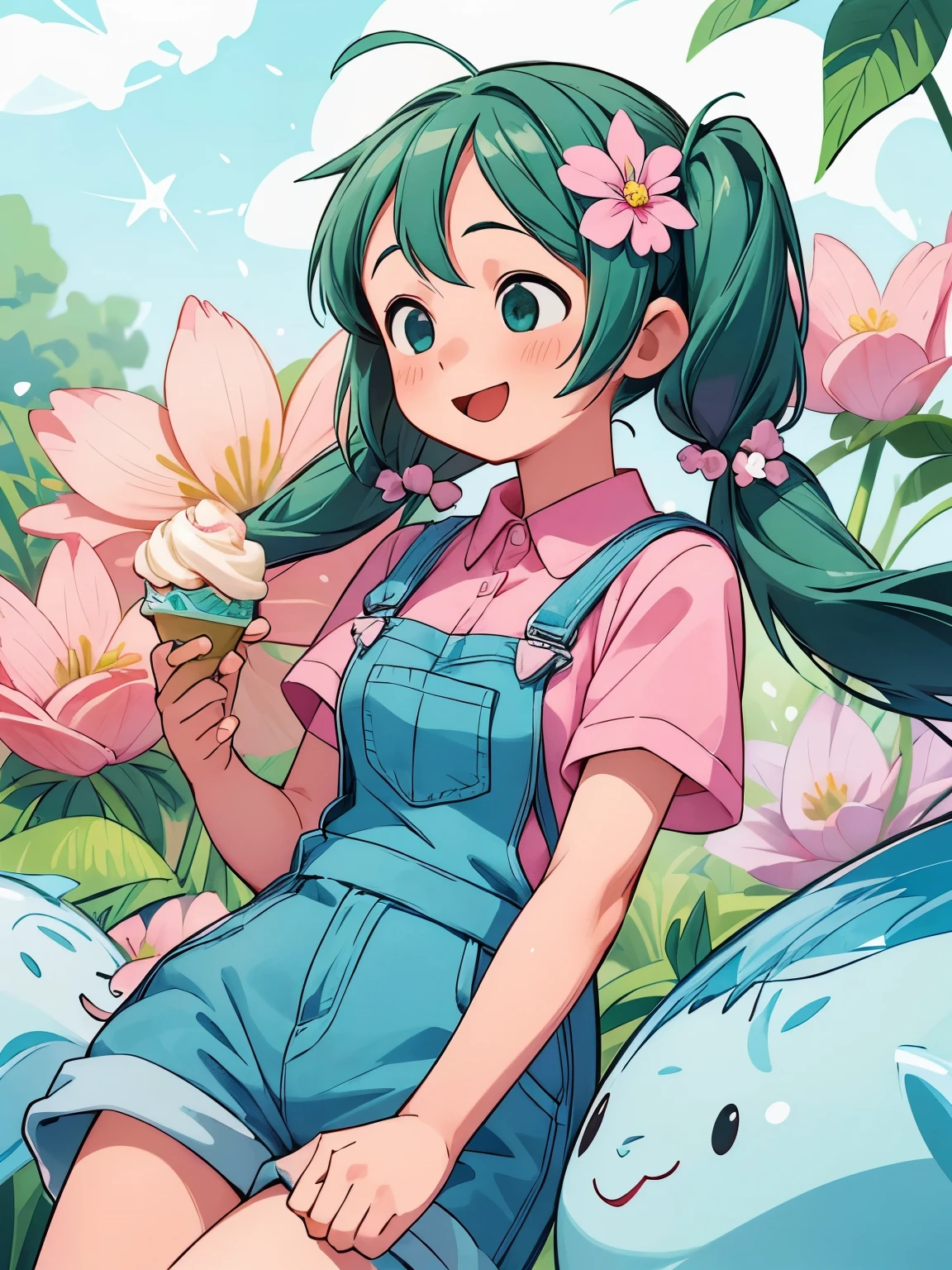 (masterpiece、highest quality、highest quality、Official Art、Beautiful and beautiful:1.2)、(One girl:1.3)Hatsune Miku、Twin tails,Big Breasts,masterpiece,highest quality, 1 girl,alone,Urarakaharu,Work clothes,Overalls Shorts,Flower-shaped pupil,change,Pink Shirt,Have ice cream,(ponytail:0.6),smile,Open your mouth,cloudy,