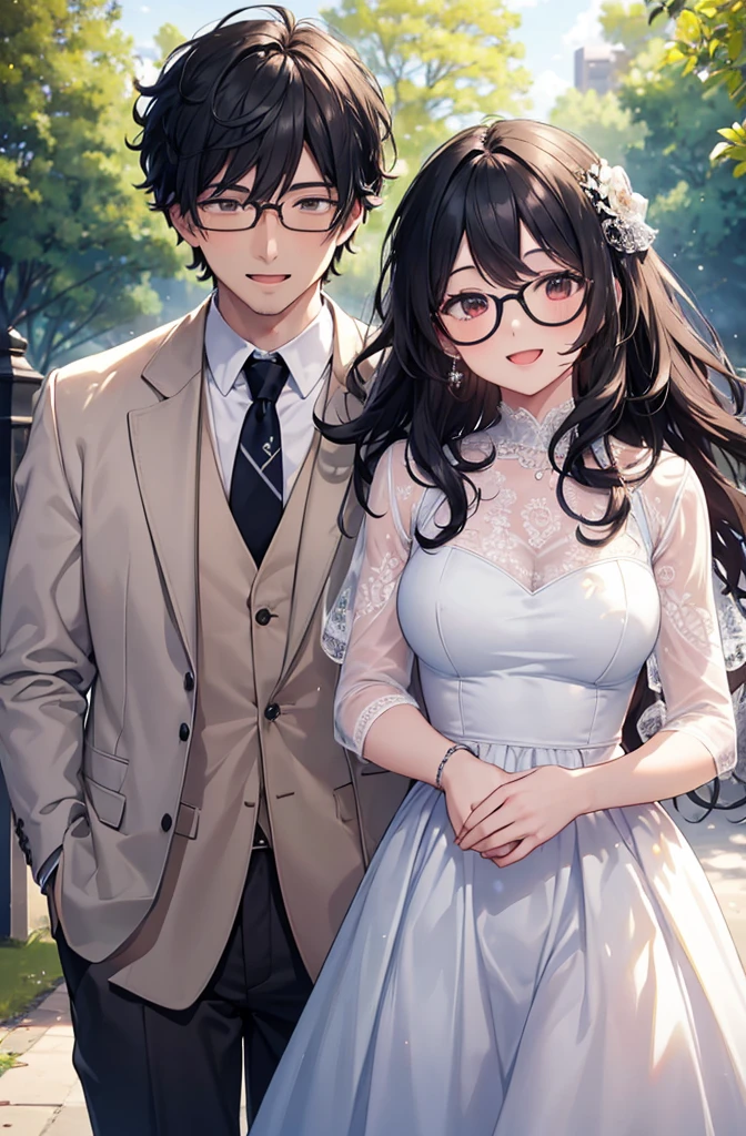 (masterpiece:1.2), high quality, high resolution, a 30-year-old man with his first girlfriend, black curly hair, wearing glasses, suit without a jacket, woman in a white dress, laughing and talking happily in a park, joyful atmosphere, bright lighting, cheerful expressions, detailed, intricate, beautiful lighting, natural background, fun and livel