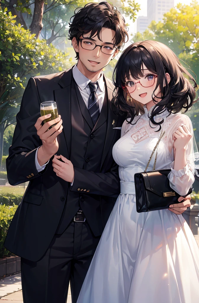(masterpiece:1.2), high quality, high resolution, a 30-year-old man with his first girlfriend, black curly hair, wearing glasses, suit without a jacket, woman in a white dress, laughing and talking happily in a park, joyful atmosphere, bright lighting, cheerful expressions, detailed, intricate, beautiful lighting, natural background, fun and livel