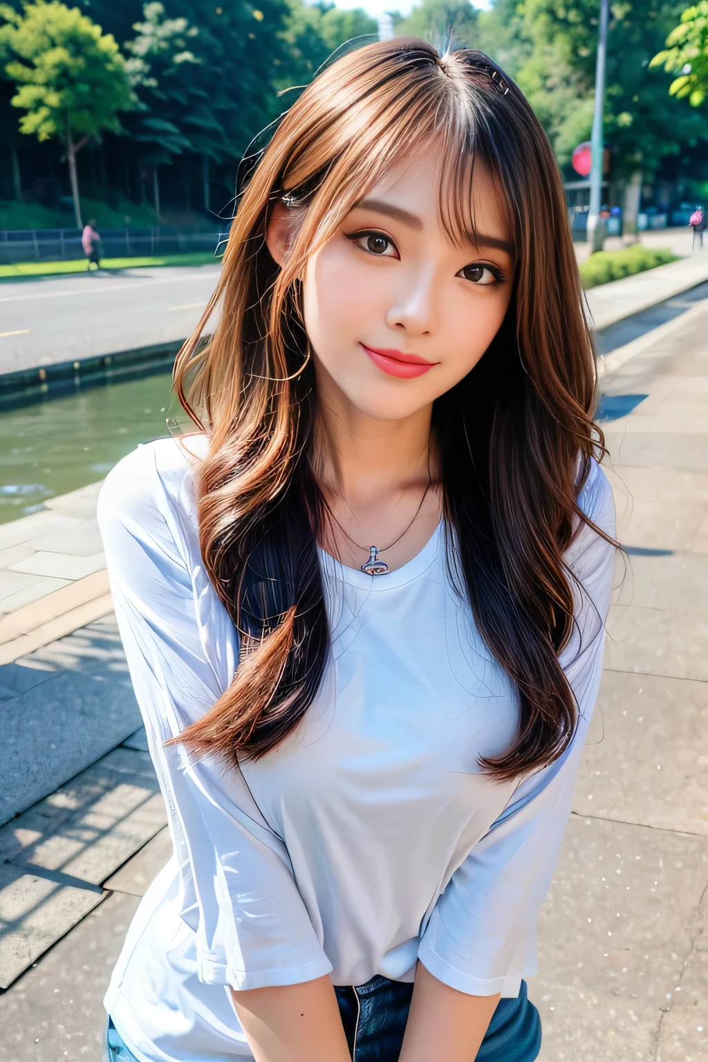 ((Full Body Angle))、((highest quality, 8K, masterpiece: 1.3)), concentrated: 1.2, Cute girl 1,Nipples erect、 Perfect beauty: 1.4,Cut and sewn T-shirt Raglan sleeve summer short sleeve T-shirt.Shorts: 1.2,Long sleeve、Randall Color、comics&Text Graphics、Black ruffle-trimmed drawstring zip blouse,1.1, Highly detailed face and skin textures, Fine grain, double eyelid, whitening skin, ,highest quality,Ultra-high resolution,you,1 girl,alone,_Shiny_skin,Iris,necklace,((Brown_length_Wavy_hair)),(lips)),eyelash,Front hair,deal with,compensate,Shiny,pore,skin texture,Large Breasts、smiling face、Front hair、River side、stroll、