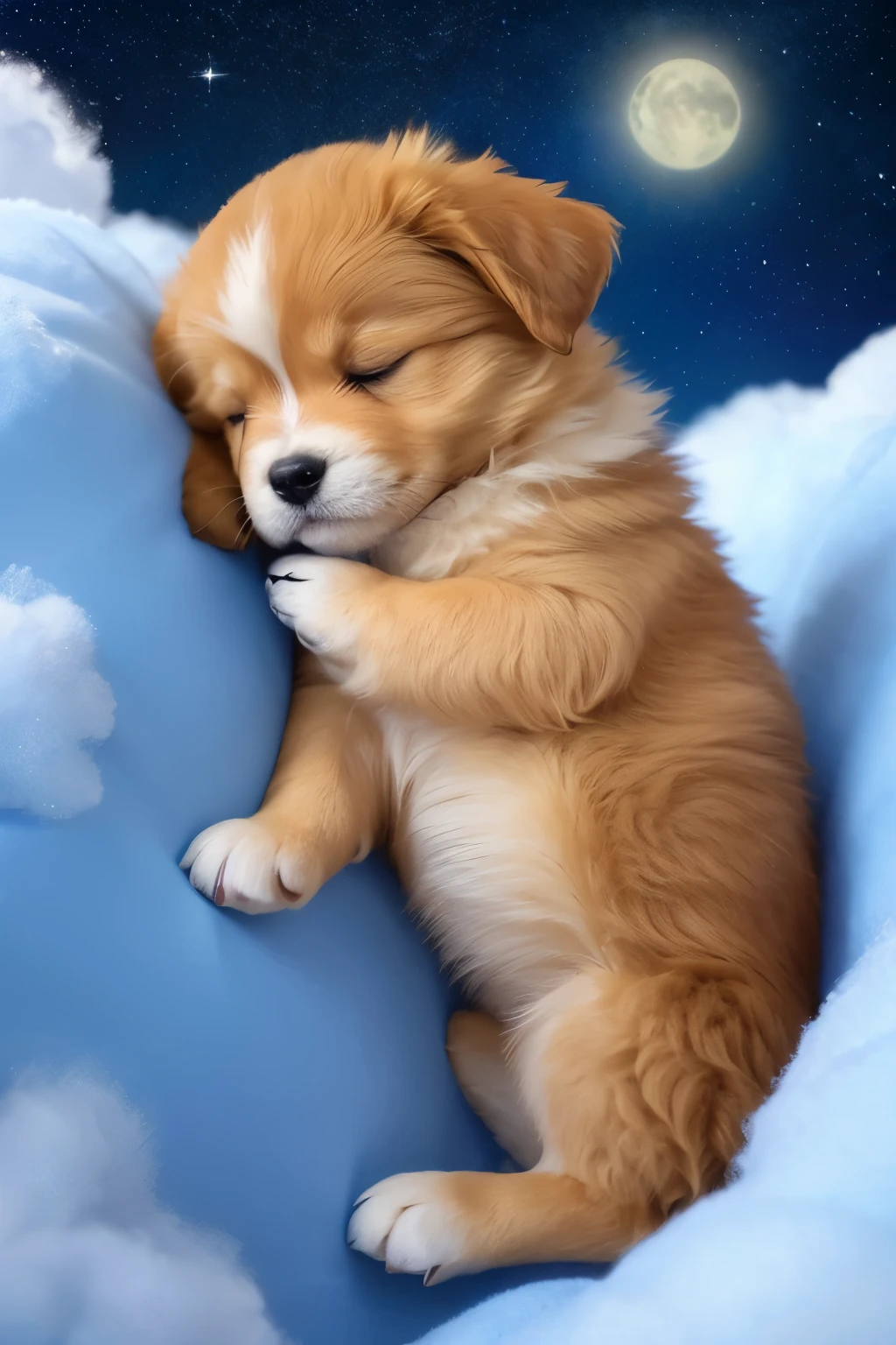 Generate a Disney-Pixar style 3D image of an adorable, soft, and fluffy puppy peacefully sleeping on top of clouds at an altitude of 15,000 meters. The puppy is curled up on fluffy white clouds, which are softly glowing. The puppy's fur should look incredibly soft and plush, gently swaying in the breeze. Ensure the puppy's eyes are closed, showing it is peacefully asleep. The background features a starry night sky, with twinkling stars and a calm, serene atmosphere. The overall scene should be dreamy, tranquil, and fantastical, with vibrant colors, whimsical charm, and expressive character design typical of Disney-Pixar animation. Emphasize the softness and cuddliness of the puppy, making it appear extra huggable and endearing.