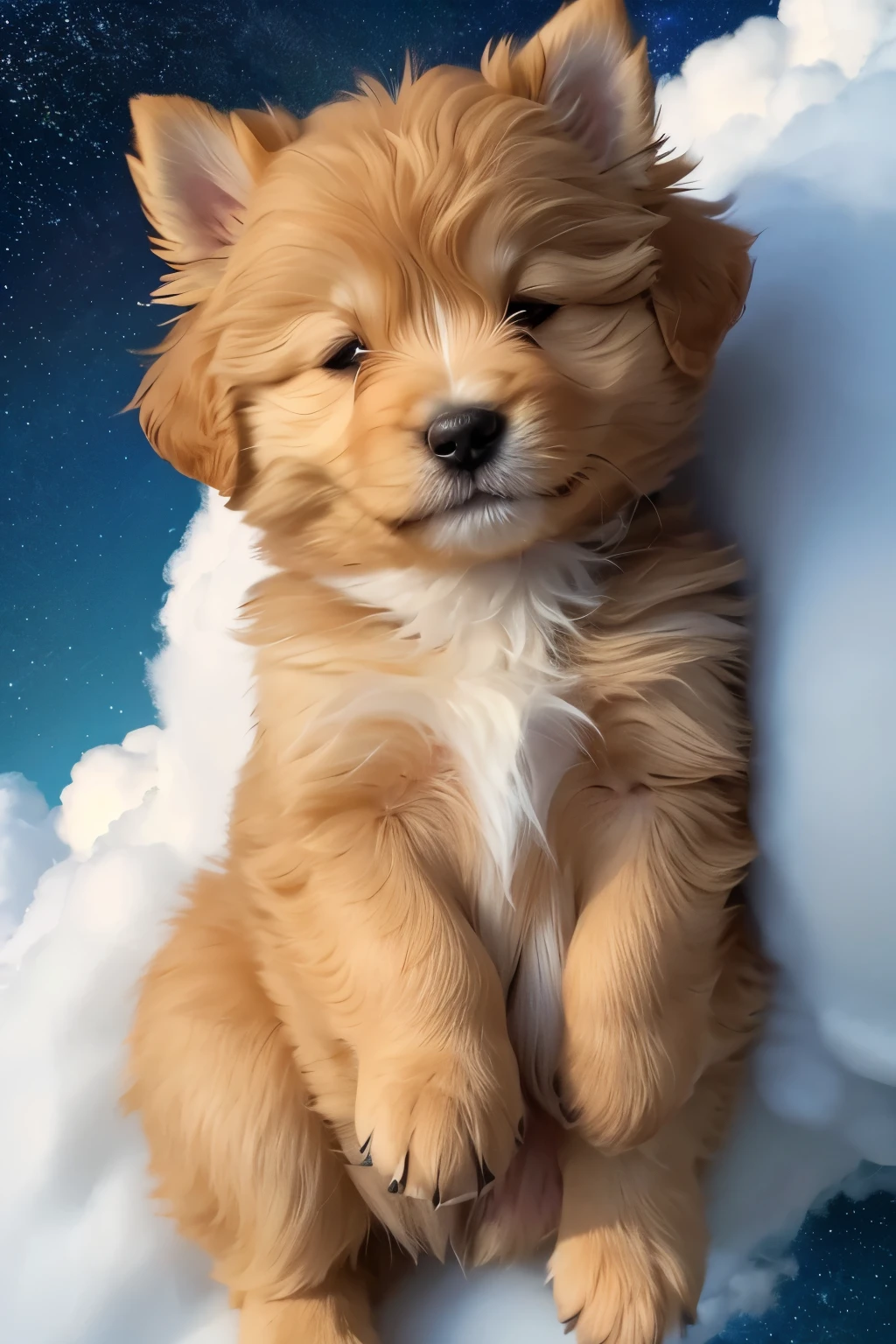 Generate a Disney-Pixar style 3D image of an adorable, soft, and fluffy puppy peacefully sleeping on top of clouds at an altitude of 15,000 meters. The puppy is curled up on fluffy white clouds, which are softly glowing. The puppy's fur should look incredibly soft and plush, gently swaying in the breeze. Ensure the puppy's eyes are closed, showing it is peacefully asleep. The background features a starry night sky, with twinkling stars and a calm, serene atmosphere. The overall scene should be dreamy, tranquil, and fantastical, with vibrant colors, whimsical charm, and expressive character design typical of Disney-Pixar animation. Emphasize the softness and cuddliness of the puppy, making it appear extra huggable and endearing.