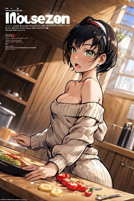 (small breasts:1.3), (perky chest:1.1), (pointed chest:1.0), (fashion magazine cover:1.3)，(from below:1.0),(from side:0.9),masterpiece, 1girl, Amazing Cleavage:1.1, thin waist, big ass, Raised sexy, small breast: 1.3, posed cleavage:1.2、solo, looking at viewer, open mouth, have a cute grass of cute beergrass,black hair, dark green eyes, dress, bare shoulders, jewelry, collarbone, sidelocks, hairband, earrings, indoors, off shoulder, :o, sweater, arms behind back, plant, short hair with long locks, gild hairband, off-shoulder dress, sweater dress, off-shoulder sweater, red sweater, dark gord hair, big side hair, very long side hair,is rendered in (masterpiece: 1.2, best quality), with (ultra high resolution) and an exquisite (depth of field). This masterpiece is not only visually stunning but also tells,A scene of cooking in the kitchen by classroom
