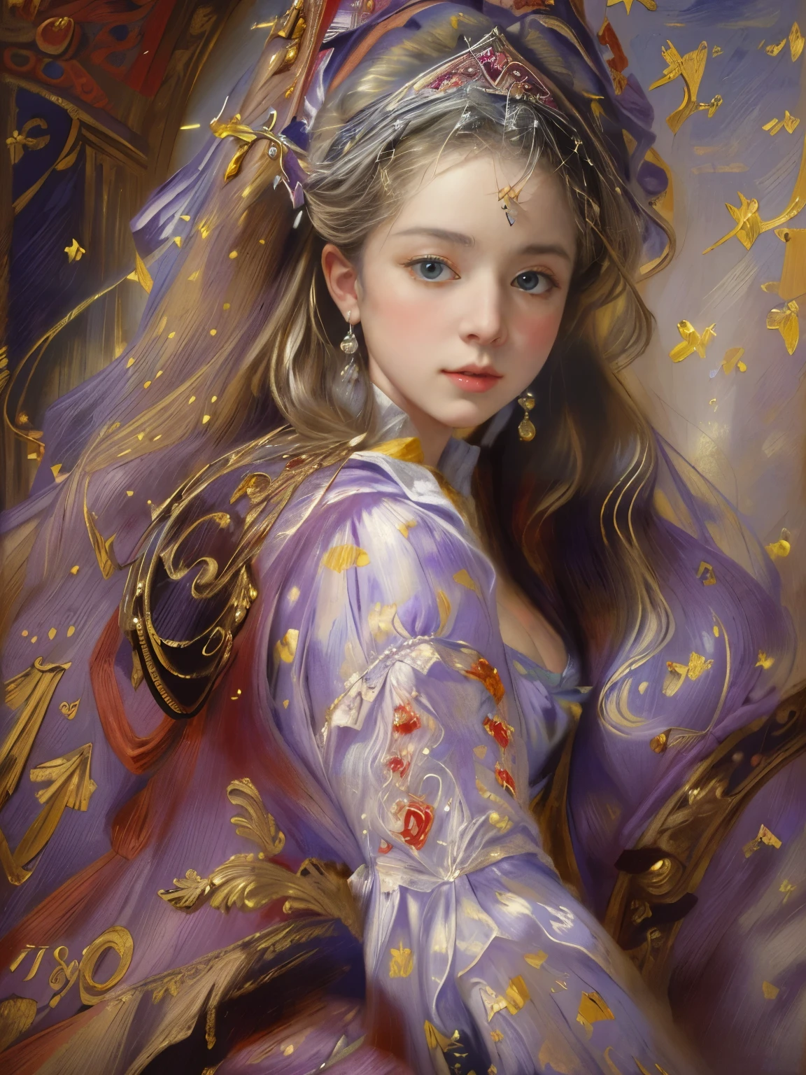 Beautiful Girl, 18 years old with slim body, (noble's daughter in 17th century:1.6), (Influence of impressionist painters, Renoir's style painting:1.4), white silver Messy Hair, beautiful Perfect Face, Soft Skin, Perfect Face, Big firm Breasts, hard nipples, Sexy, Sharp Eyes, Break, dynamic sexy poses, sweat, wearing dark red long frilly dress, lace fabric long cape, jewelries, cleavage is exposed, Add light purple and purple, Add Light Red, Intricate details, Splash screen, 8K resolution, masterpiece, (vienna in 18th century, opera house:1.8), (Mysterious, Gorgeous, noble:1.3), Sharp Eyes, Break