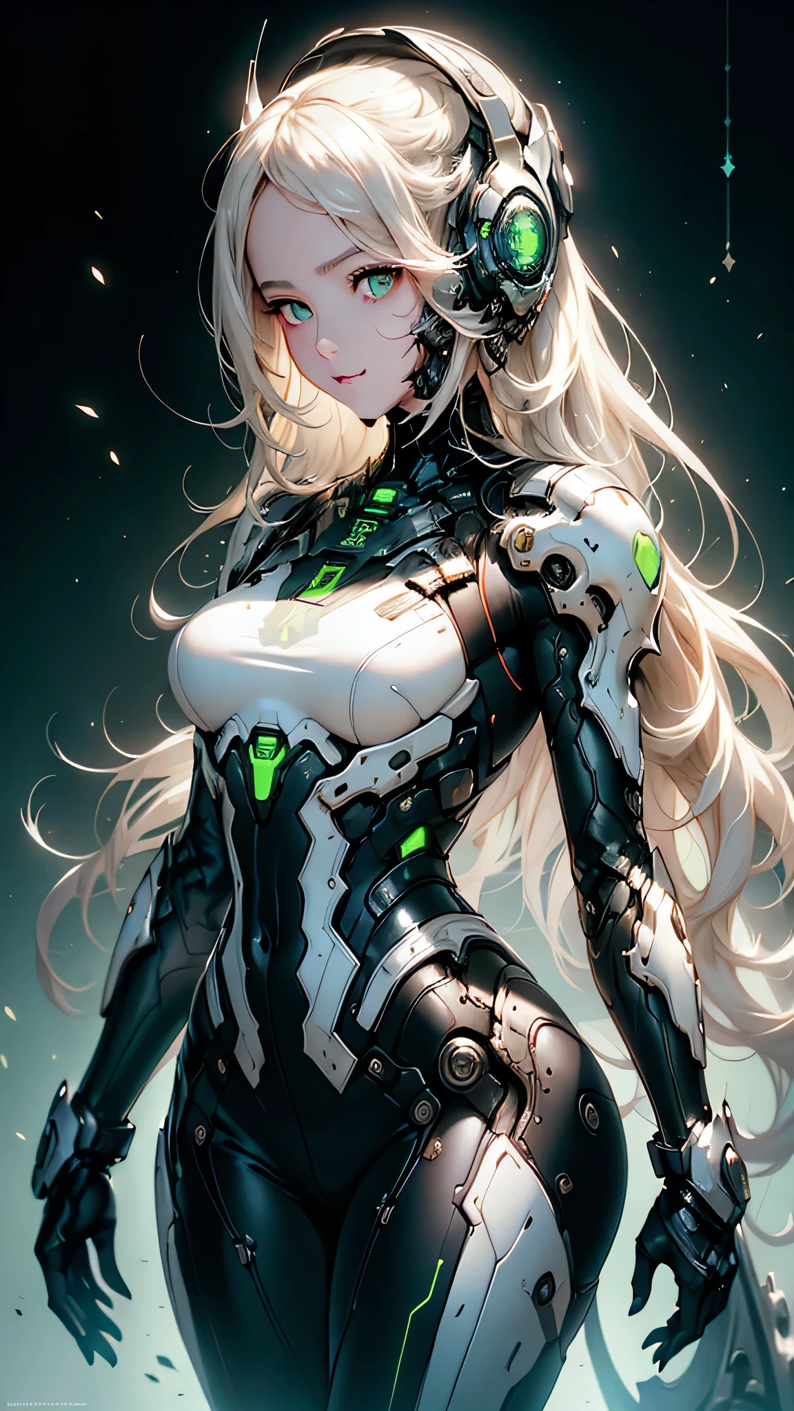 masterpiece, best quality, beautiful detailed hair detailed face, perfect feminine face, (happy:1.2), cyberskull mask, (close-up potrait:1.2), face focus, a beautiful and cute warframe woman and glowing silver hair, white neon lighting, (sci-fi cyberpunk bodysuit), (heavy armor), solo, 1girl, ahoge, side hair, very long hair, shiny skin, shiny foreheads, lens flare, sharp focus, volumetric lighting, trending on artstation, pixiv, by sakimichan, george kamitani, akira yasuda, alphonse mucha, greg rutkowski, gil elvgren, william-adolphe bouguereau