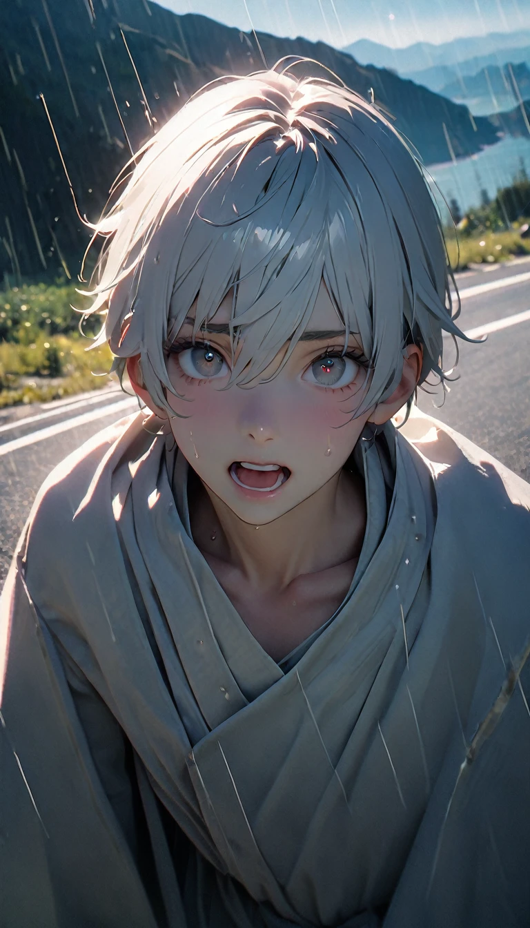 (8K, RAW photos, best quality, masterpiece: 1.4), (((Boy on the road))),Ultra-high resolution, Extremely detailed, light, Upper body close-up, handsome boy, black eyes, (delicate eyes, Eyes are bright:1.2), White short hair, Ancient style dress,, White robe, Meticulous white robe, Simple accessories for clothes, Open your mouth and complain, (perfect anatomy:1.2), High-quality shadows, Natural Lighting, (white highlights:1.2), daytime, cloudy day, (Rain wets the whole body:1.2), (Mountain Road:1.2)
