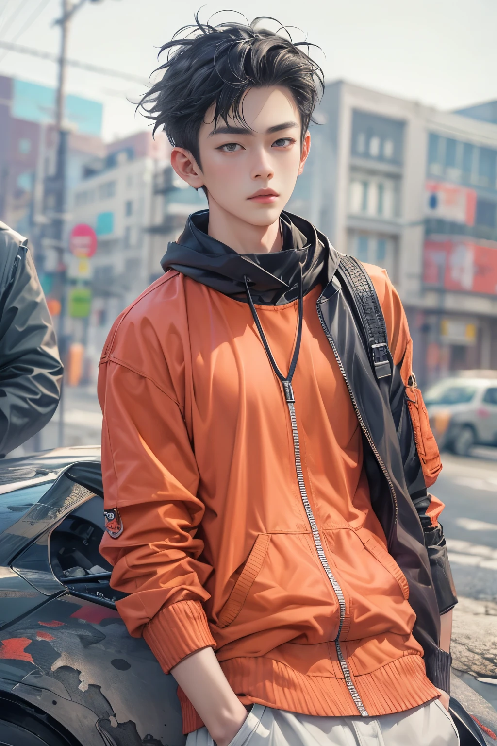 a masterpiece,Bestquality,offical art,8kwallpaper,Extremely Detailed,Illustration,23 year old 1BOY,spike hair, Trendy outfits,watch,sneaker shoes,squat down,Hands droop naturally,Hooded jacket,Street side,