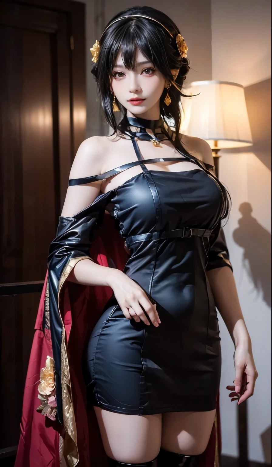 (highest quality, 4K, masterpiece :1.3), Beautiful woman, Surreal, 1 girl,),Ajolf, Side Lock,Short hair and long straight hair, Gold Hair Band, Gold earrings, Gold hair ornament, Big Breasts, Bare shoulders, Black Dress, Double-sided dress with red rose cape, choker, Thigh-high boots, , Fingerless gloves, Thigh-high boots,Slender Beauty, (Huge breasts, Attractive body :1.2), Abdominal exercises :1.1, Long black hair 1.1, Highly detailed face, Lip details, Fine Eyes, double eyelid, Sexy low neck dress, Open neckline, Pose with twisted hips, Visible curves,Muscular, curved legs, Yugal, masterpiece, highest quality, High resolution, aaYugalf,Cowboy Shot, Are standing, Looking at the audience, Outdoor, night, (Perfect Anatomy:1.Big Ass, jewelry, Off the shoulder, Black Pantyhose, Cute Smile, Beautiful and bright lighting, Beautiful breasts