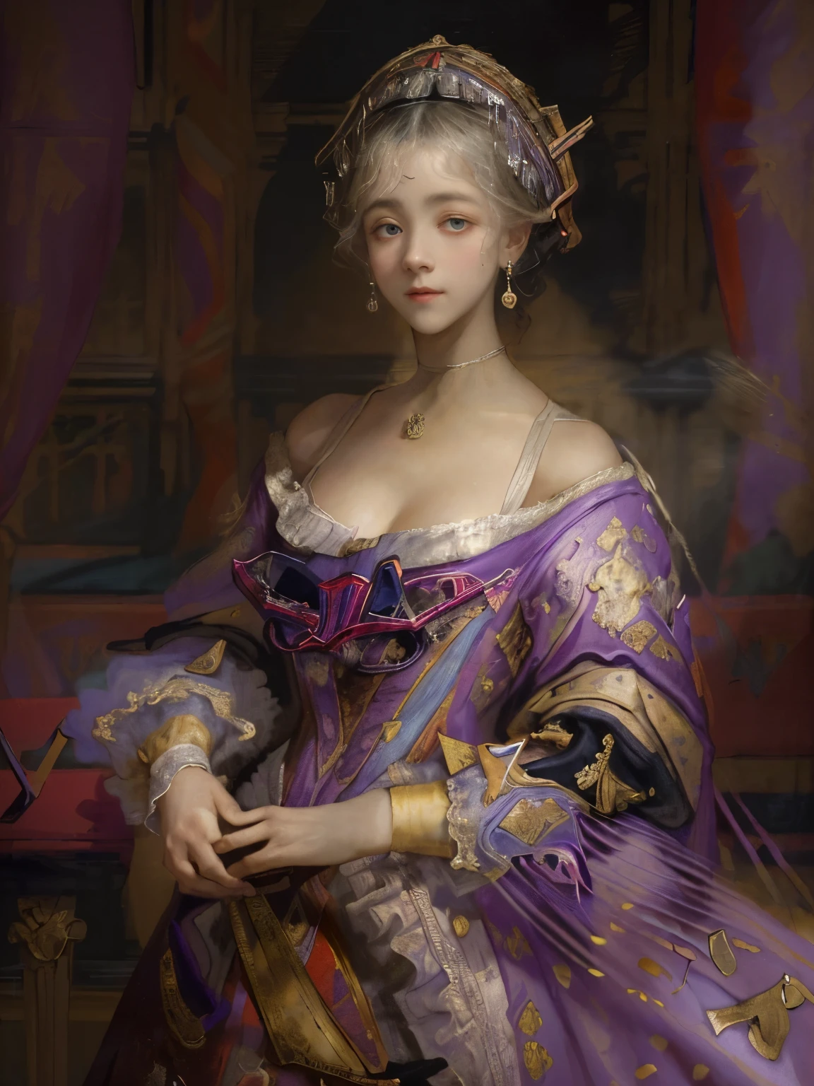 Beautiful Girl, 25 years old with slim body, (noble's daughter in 17th century:1.6), (Influence of impressionist painters, Rembrandt's style painting:1.4), white silver Messy Hair, beautiful Perfect Face, Soft Skin, Perfect Face, Big firm Breasts, hard nipples, Sexy, Sharp Eyes, Break, dynamic sexy poses, sweat, wearing dark red long frilly dress, lace fabric long cape, jewelries, cleavage is exposed, Add light purple and purple, Add Light Red, Intricate details, Splash screen, 8K resolution, masterpiece, (vienna in 18th century, opera house:1.8), (Mysterious, Gorgeous, noble:1.3), Sharp Eyes, Break