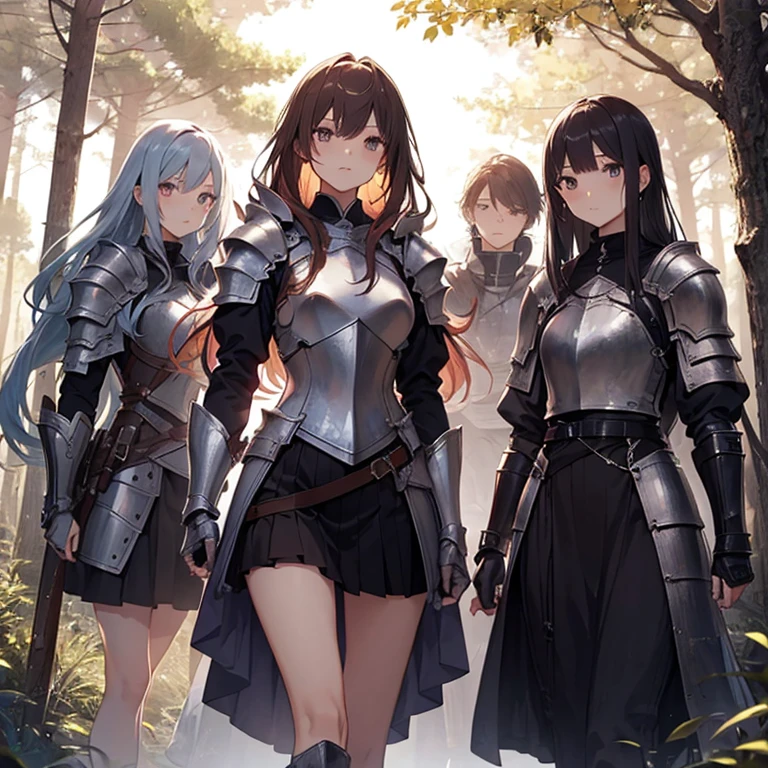 A group of female knight, (in forest), various hair styles, harem, wearing armored clothes, metal armor, night, details face, , short skirt, seducing, sword