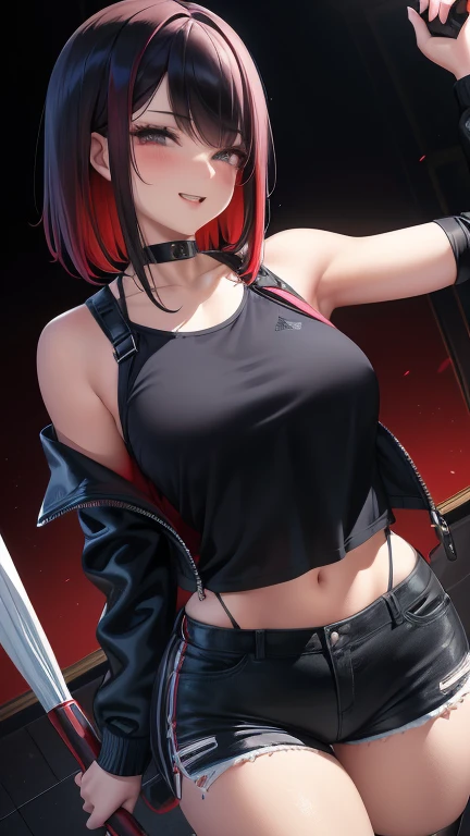 A masterpiece quality, ultra-detailed, high quality, high resolution portrait of an Argentine Vtuber named NimuVT. She has two-tone hair with short black hair with slightly messy bangs, long red hair with the interior colored black, and her hair partially covers her eyes. She has dark, penetrating brown eyes, and one eye is black and the other red. She has a thin, well-defined build and a busty figure. She is smiling with an open mouth, blushing, and wearing a black choker. She is dressed in torn black shorts, blue tennis shoes, and a pink cropped blouse with straps. She is holding an axe in her right hand, has a backpack on her back, and is wearing a jacket with bare shoulders. She is looking at the viewer against a black background.