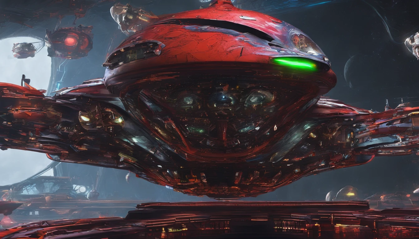 A captivating and mesmerizing sci-fi masterpiece that perfectly fuses futuristic steampunk elements with a circular G'Quan Class Heavy Battle Cruiser base hull. The striking steampunk starship exudes a unique essence, incorporating sneaker design elements as a nod to its origins. The laces are wired constructed elements, of the starship. The central bridge is adorned with rustic orange, cherry red, and lime green controls and accents, creating a vibrant and visually stunning atmosphere. The starship orbits a colossal Mercury-like planet with a multicolored surface, accompanied by other starships navigating through an asteroid field. This extraordinary scene masterfully merges the styles of Insane Symmetrical, Leonardo Da Vinci, Larry Niven, and J. Michael Strazynski, resulting in an imaginative and cinematic visual experience that is both, portrait photography, graffiti, vibrant, dark fantasy, conceptual art, cinematic, architecture, 3d render, 750k HD Resolution, conceptual art, cinematic, 3d render, graffiti, portrait photography, architecture, dark fantasy, vibrant glass, protovision, architecture, 3d render, graffiti, cinematic, vibrant, conceptual art, portrait photography, dark fantasy