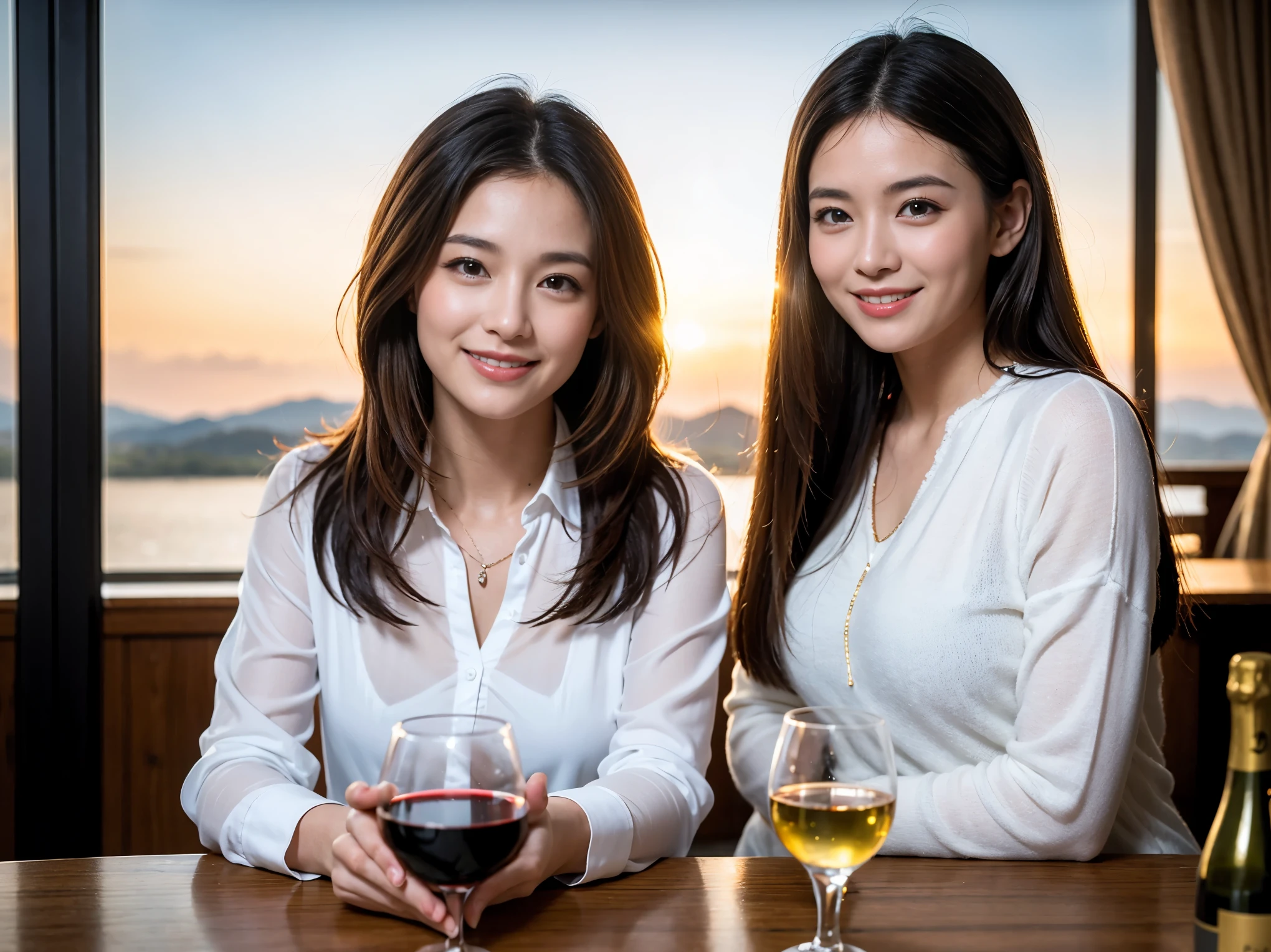 ((highest quality、8k、masterpiece:1.3))、1 male、1 female、Couple、Spouse、石原さとみ似美女Couple、The body is slim、((Bob Hale、Straight hair:1.2)), (Realistic, Intricate details:1.2), テーブルの上のwine glass、Put the light on your face、 Amazing view of the sunset sky and clouds、Amazing mountain views、A bright smile、The wonderfulness of smile、Bright image、The beauty of wine, Beautiful Face, blue eyes, The light shines on your face, Blushing, short hair,Bright Face、 (Age 35), 39 years old, red wine 、Appetizers、Italian food、Wine bottle、Champagne、sparkling wine、Two beauties、Brown Hair、Shortcuts、Long sleeve shirt、dress、Pretty Woman 1, (slimな顔), (The body is slim), (Brown Hair), (Shortcuts), cheeks turn a little red,Attractive beauty、restaurant, In a prominent place (From the waist up) Nova Frog Style, actress, model, Upper Body, White wine, slim, wine glass, 中央に置かれたwine glass, smile, (smile: 1.15), Beautiful fine grain, Depth f/2,saturation, High Contrast, Strong light and shadow,Moist Body:1.5、3D texture、Delicate eyes、Brown Hair、The hair is very shiny、