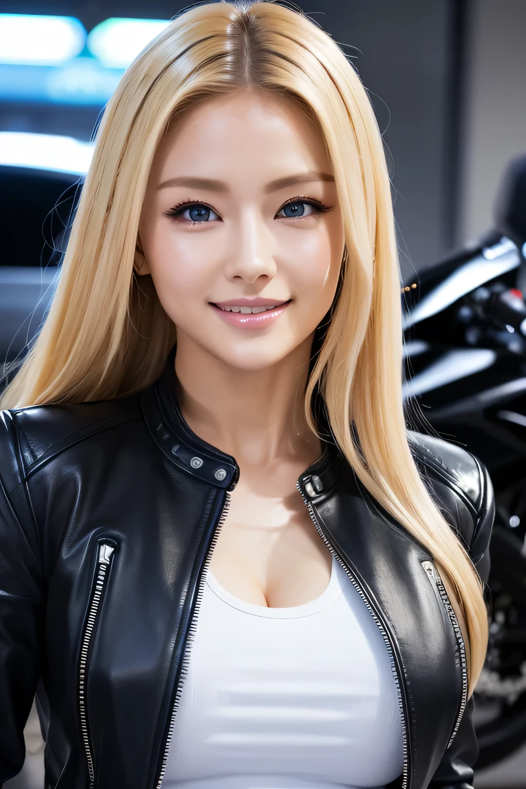 highest quality, Ultra-high resolution, (Realistic:1.4),Black rider jacket、black t-shirt with open chest、Leaning forward、Japanese、Gal、Blonde、blue eyes、cute、smile、Large motorcycle in the background