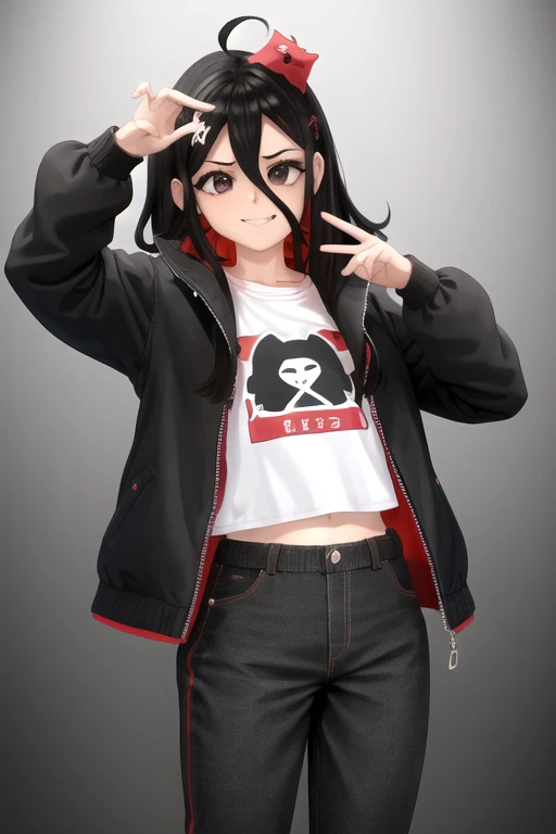 Retrato de una Vtuber argentina llamada NimuVT con calidad de obra maestra, ultra detallado, high quality and high resolution. Tiene el pelo de dos tonos con el pelo corto y negro con flequillo ligeramente desordenado, pelo largo rojo con el interior coloreado de negro, y su cabello cubre parcialmente sus ojos. Tiene ojos marrones oscuros y penetrantes, y un ojo es negro y el otro rojo. Tiene una figura delgada, bien definida y con busto prominente. He is smiling with his mouth open, sonrojada y lleva una gargantilla negra. Viste pantalones cortos negros rasgados, zapatillas de tenis azules y una blusa rosa con tirantes que deja ver el ombligo. Sostiene un hacha en su mano derecha, lleva una mochila en la espalda y una chaqueta con los hombros descubiertos. He is looking at the viewer against a black background.