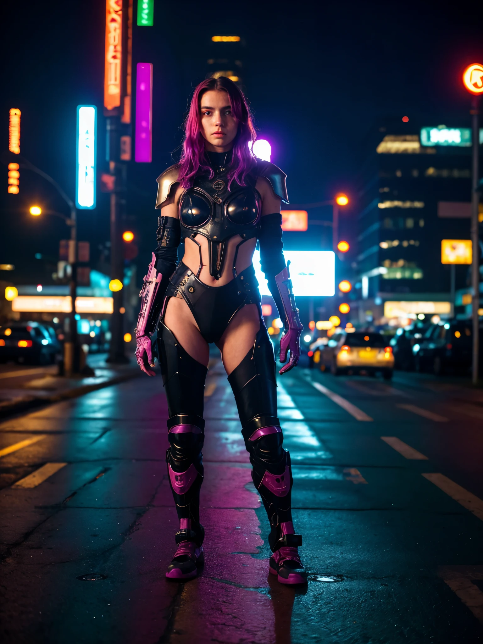 (best quality, masterpiece, highest detailed), (photorealistic:1.2), raw photo, Cyberpunk style, portrait of a cyberpunk girl, mechanical body parts, armor of the future, very futuristic armor, standing on the street of Night City, night, neon lights, (vibrant  color), (intricate details), exposure blend, bokeh, dim light, (hdr:1.4), high contrast, (muted colors, dim colors, soothing tones:1.3), low saturation, morbid