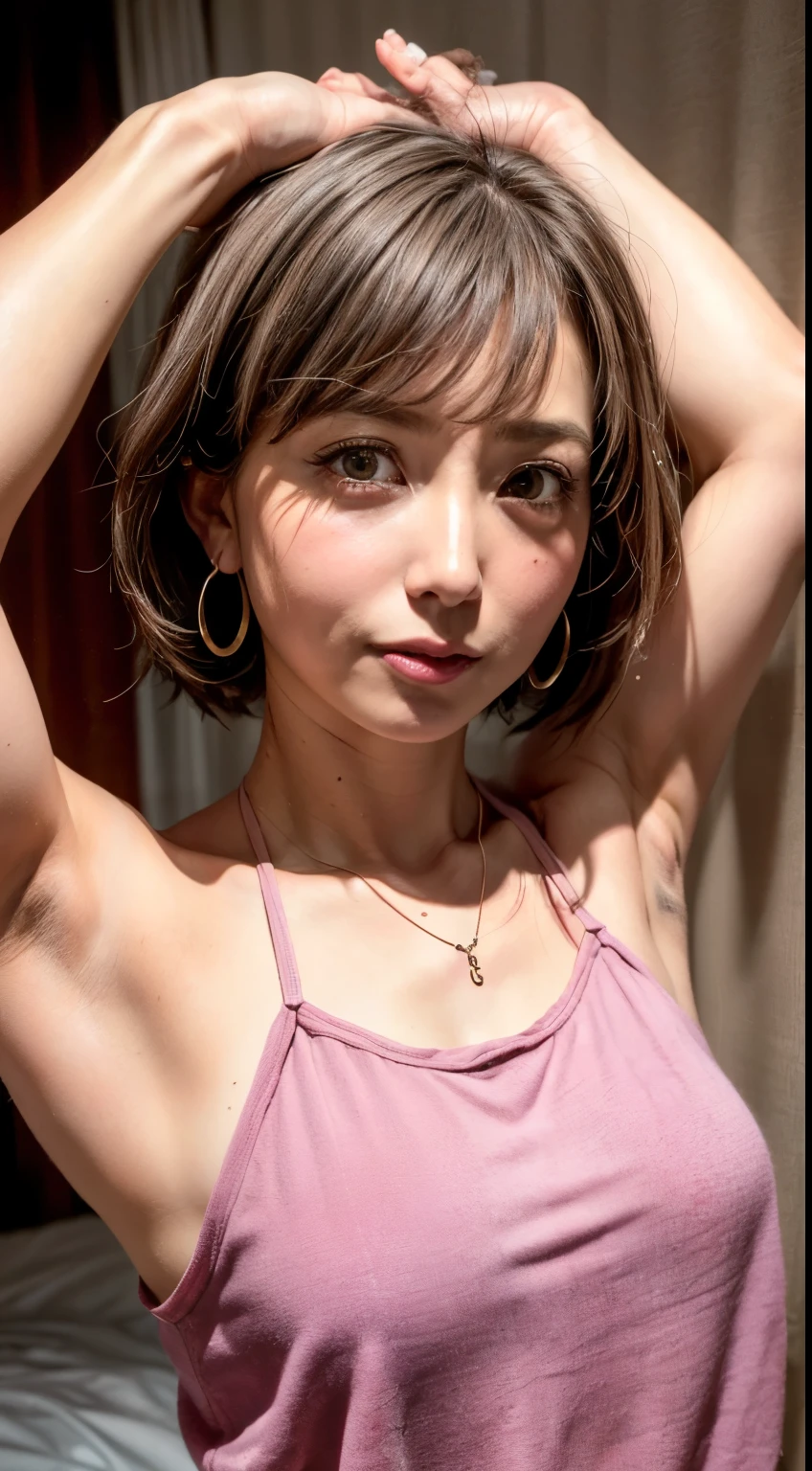 (Realistic:1.3、Ultra HD、Ultra-high resolution、8k、Japanese Housewife、At work、In the bedroom、bed)、((Look Viewer:1.8))、(Extremely realistic skin texture:1.4)、(Realistic:1.3)、short hair、(Embarrassed look:1.6)、(blonde:1.1)、(40-year-old woman、Mature Woman)、Ponytail hairstyle、(Raise your arms high to show your armpits:1.5)、(Armpit close-up:1.55)、(Shooting from the side:1.2)、necklace、Earrings