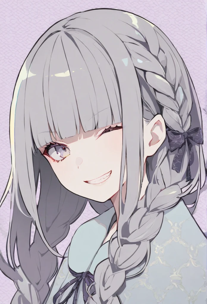 lavender patterned background, pale color,1girl, braid, blunt bangs, (closed one eye), grin,