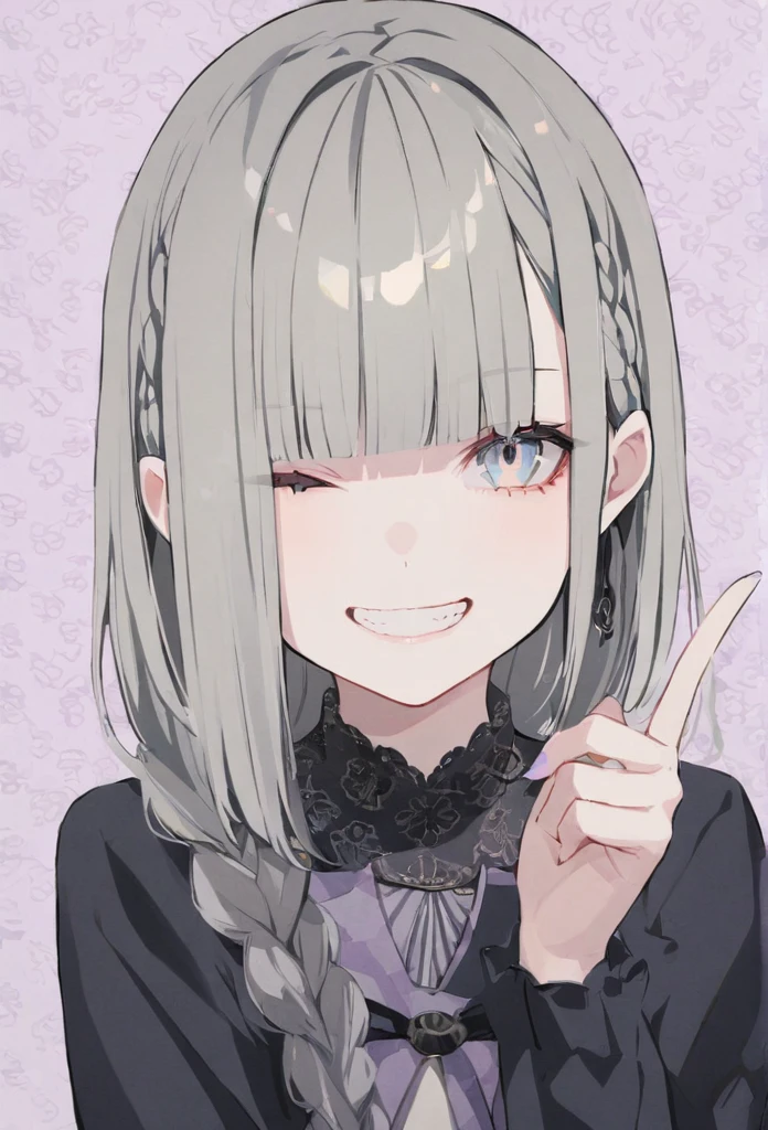 lavender patterned background, pale color,1girl, braid, blunt bangs, (closed one eye), grin,