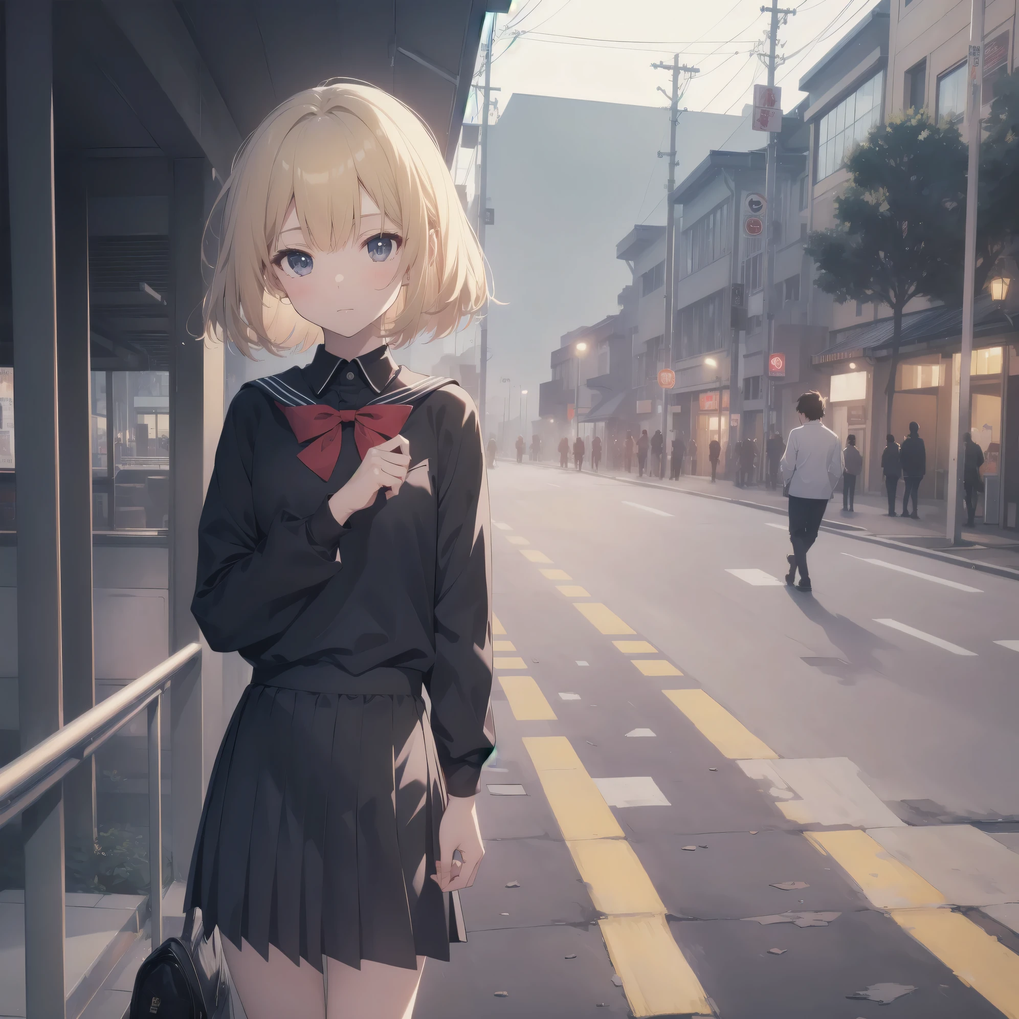 ultra-absurdres-Top quality by artist God, ultra-detailed, high resolution, anime moe artstyle, best anime 8k konachan wallpaper, pixiv contest winner, pool:2810, perfect anatomy,break, 1girl, (Please draw a girl walking sleepily to school alone. )break,(Solo,little female, 13-year-old:1.3),Full limbs, complete fingers,a junior high school student, (very short hair), short cut, flat chest, , small butt, small black eyes, beautiful detailed eyes, well-proportioned iris and pupils, expressive eyes, highres detailed hair, soft expression, salor school_uniform, sailor collar, serahuku, bow, pleated skirt,(Detailed Lighting), (Detailed background), in the School commute route. break,super detailed skin, Best cinematic lighting powered by famous artist, 8k,beauty illustration,photoshop_(medium),very aesthetic,break,((artist:drawfag )), artist:clamp ,artist:carnelian ,artist:kantoku ,
