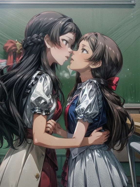 nsfw,kissing,sweating a lot,2girls,red school bag,An empty classroom in the evening,cute ruffles,at least one person has long hair,blush,deep mouth to mouth kiss,