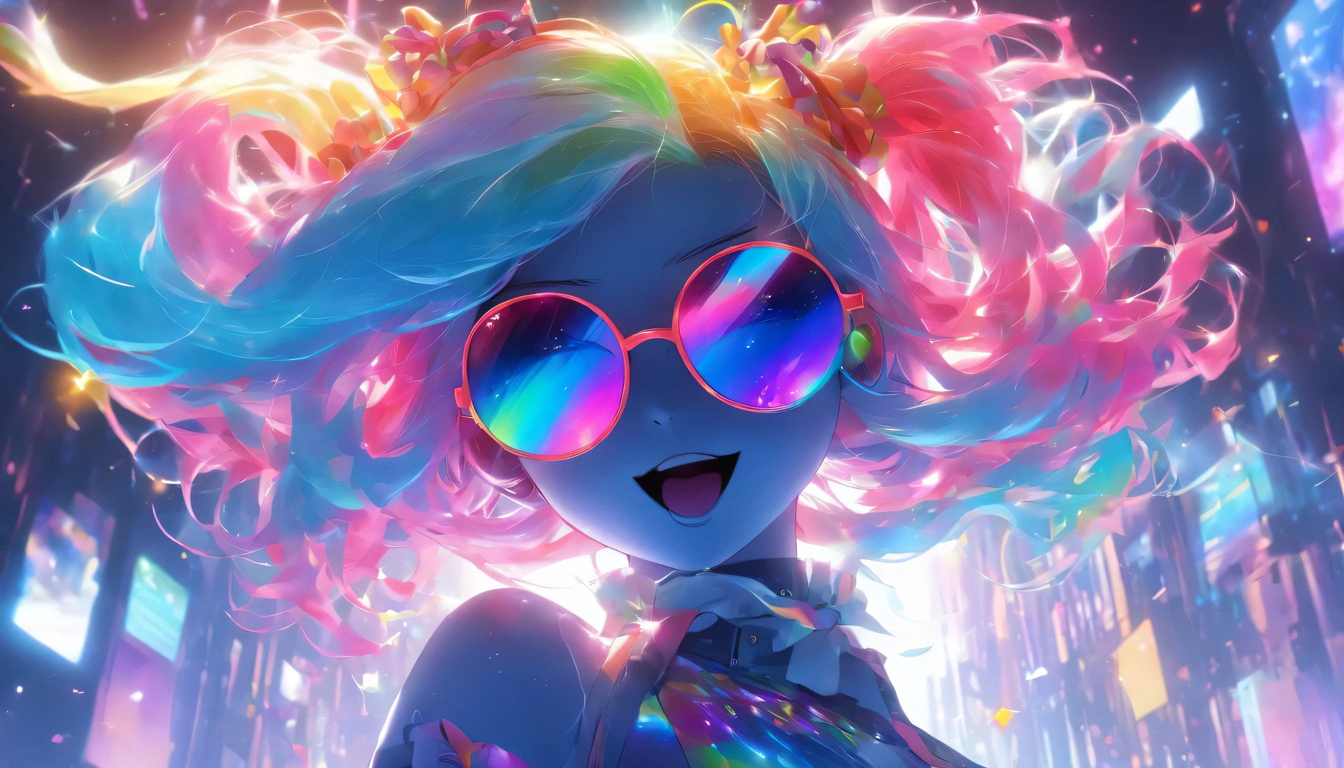 Transparent color PVC clothing, Transparent colorful vinyl Bunny girl, Prismatic, Holographic, chromatic aberration, Fashion Illustration, masterpiece, DJ Girl, View Viewer, 8k, Super detailed, Pixiv、((Colorful Hair))、Wearing headphones、((Full Body))、((Bunny girl))、((A pose that emphasizes the chest))、(((Rainbow Hair)))、((He's wearing cool sunglasses))