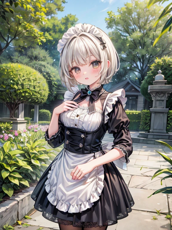masterpiece, highest quality, Very detailed, 16k, Ultra-high resolution, Cowboy Shot, Detailed face, Perfect Fingers, A , Golden Eyes, Silver Hair, short hair, Black maid outfit, Garden of the mansion,