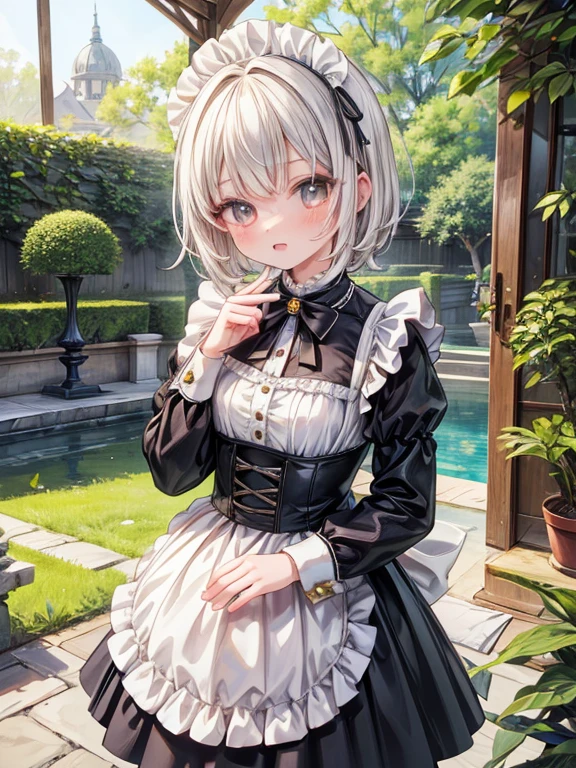 masterpiece, highest quality, Very detailed, 16k, Ultra-high resolution, Cowboy Shot, Detailed face, Perfect Fingers, A 14-year-old girl, Golden Eyes, Silver Hair, short hair, Black maid outfit, Garden of the mansion,