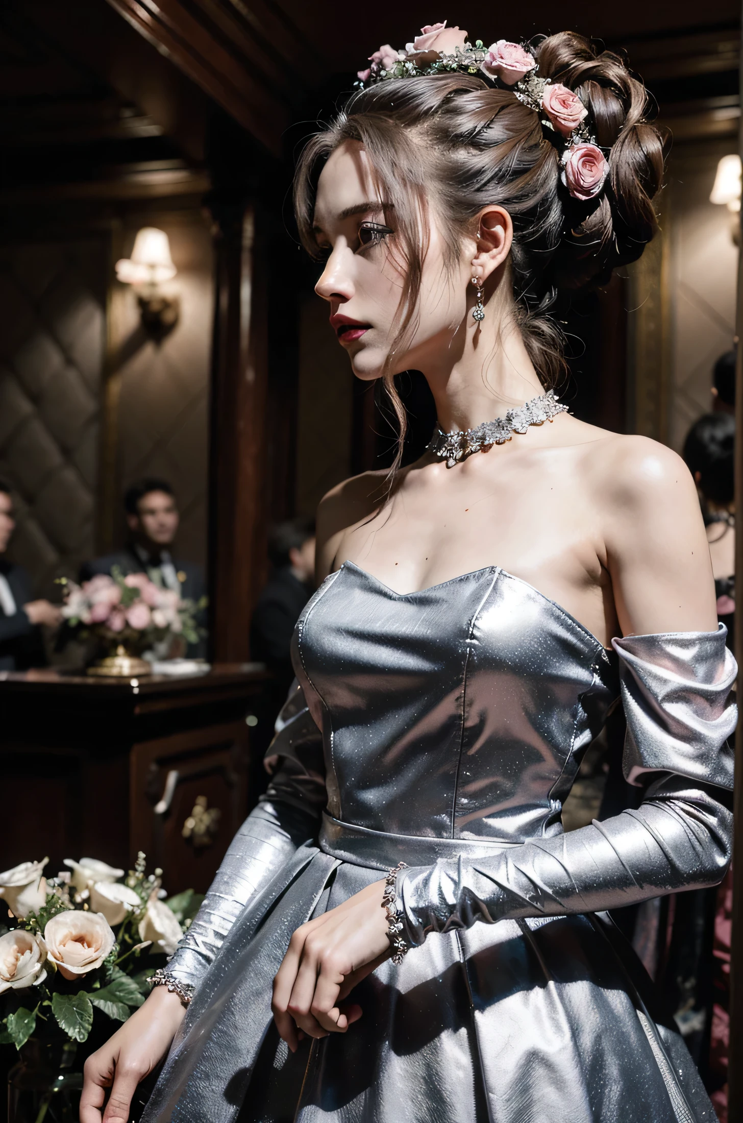 A young female vampire, beautiful, in a silver gown, holding a glass of wine in her hand. --auto --s2