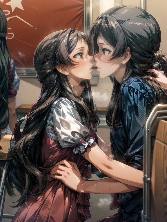 nsfw,kissing,sweating a lot,2girls,red school bag,An empty classroom in the evening,cute ruffles,at least one person has long hair,blush,deep mouth to mouth kiss,