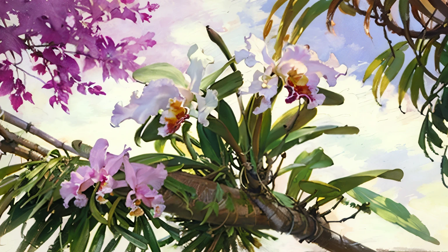 (Cattleya, solo, 3-flowers, semi-alba, close-up, hole body, full blooming, nature, habitat:1.4 )、(木の枝に着生した満開のCattleya:1.4)、(no humans:1.4)、Soft Focus、Blur the background、(highest quality、High resolution、masterpiece)、4K Anime Art、Ray Tracing、(Soft Light)、(Sargent-style watercolor)、(Edmund Leighton Style)、(Herbert James Draper Style)、((White Background))、(Blank Background)、Blur the background、