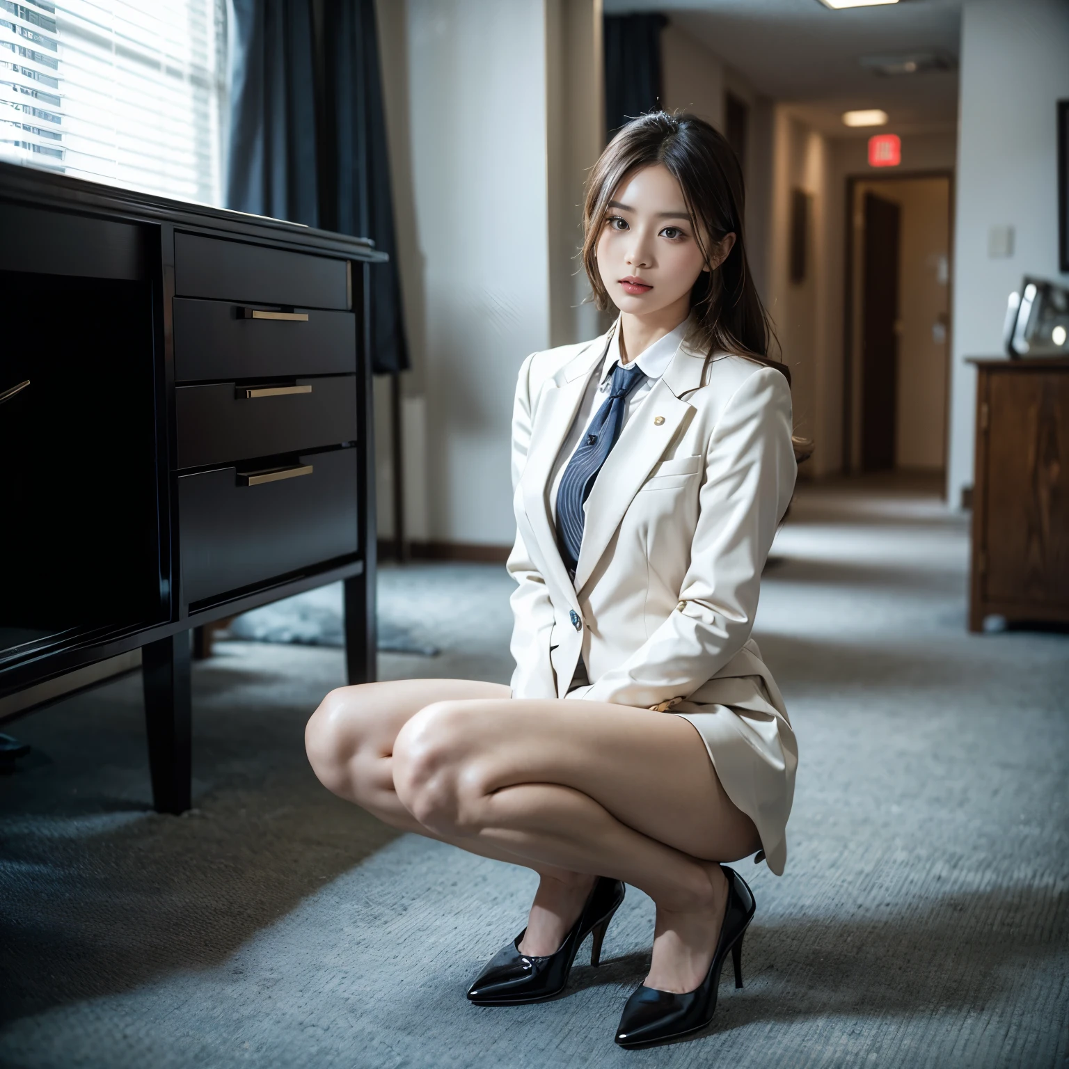 1 Girl, model,Long blond hair, Stylish hairstyle, Business suit,Beautiful long legs,Sexy high heels,Japanese style,Spread your legs