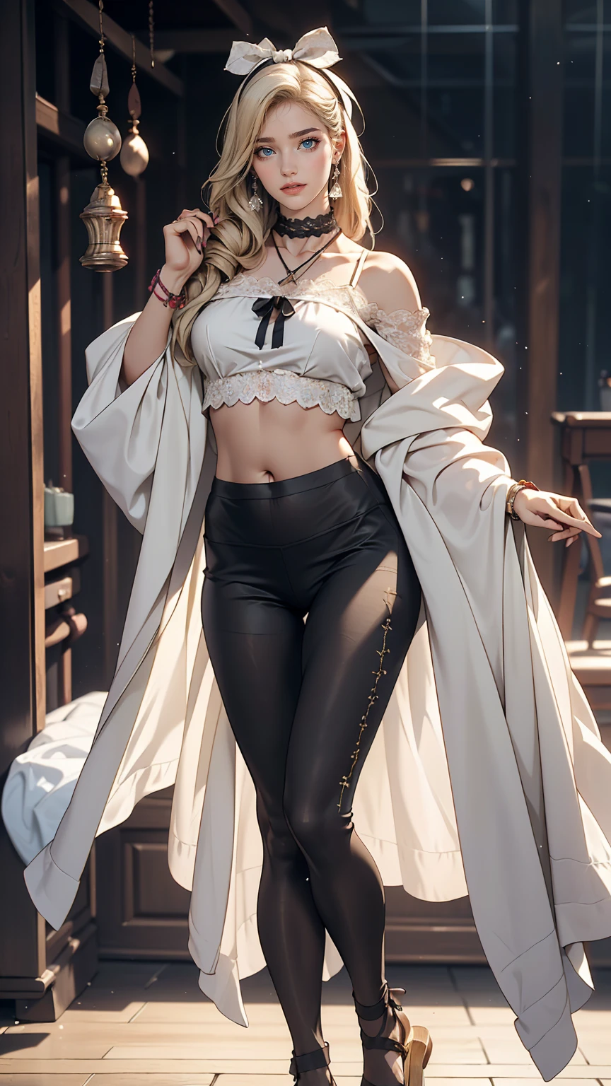 (8K, RAW Photos, highest quality, masterpiece:1.2), (Realistic, photo-Realistic:1.37)、Earrings, eyelash, pantyhose、セクシーな刺激的なsmile、 (Shiny skin:1.05)、Fashion model body type、Having her hair done、My chest is popping out、Wear accessories on your wrist、Wearing accessories on the ankle、Background blur((depth of field)、smile、White woman、Platinum Blonde、blue eyes、Vertical roll on one side((side drill))、Wear a lace-embellished off-the-shoulder top、Lower milk visible、I can see my belly button、Wear low rise leggings、Wear mules、smile、hair band((hair ribbon))、Wear a lace choker