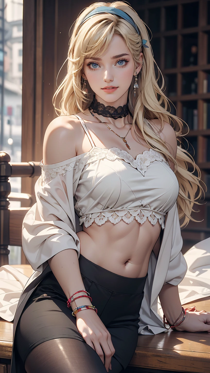 (8K, RAW Photos, highest quality, masterpiece:1.2), (Realistic, photo-Realistic:1.37)、Earrings, eyelash, pantyhose、セクシーな刺激的なsmile、 (Shiny skin:1.05)、Fashion model body type、Having her hair done、My chest is popping out、Wear accessories on your wrist、Wearing accessories on the ankle、Background blur((depth of field)、smile、White woman、Platinum Blonde、blue eyes、Vertical roll on one side((side drill))、Wear a lace-embellished off-the-shoulder top、Lower milk visible、I can see my belly button、Wear low rise leggings、Wear mules、smile、hair band((hair ribbon))、Wear a lace choker