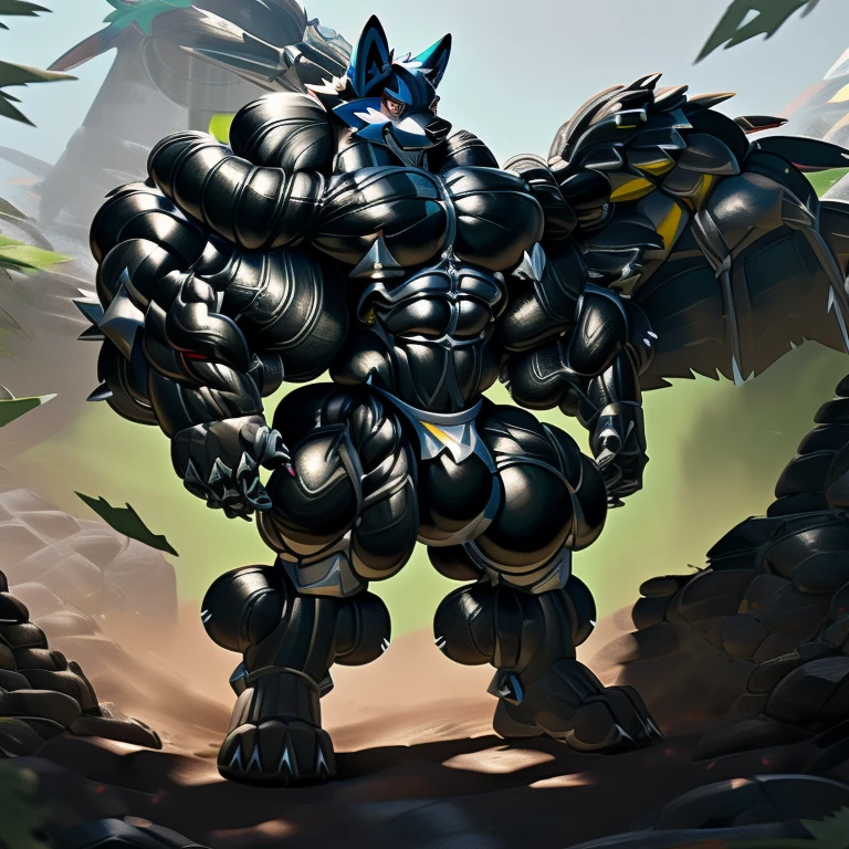 universe, LUCARIO, (gigantic muscles), 8K, Masterpiece, highres, future fiction. Detailed head, Detailed Body, full body, Detailed abs, wearing crNanosuit, big muscle (pecs, triceps, traps) unusually developed muscular body, body full of huge muscles. showing off muscles, pectorales enormes. Exaggeratedly huge muscles. Gigachad Muscular, gigantic muscles, Colossal giant NANOSUIT over a battlefield, The claws are sharp, Sharp teeth, Spread wings, have big wings. nj5furry, Animal paws, hyper penis (black color), long legs, wearing a tiny thong (metallic color: jet black thong)