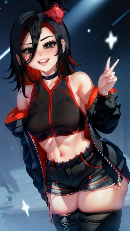 A masterpiece quality, ultra-detailed, high quality, high resolution portrait of an Argentine Vtuber named NimuVT. She has two-tone hair with short black hair with slightly messy bangs, long red hair with the interior colored black, and her hair partially covers her eyes. She has dark, penetrating brown eyes, and one eye is black and the other red. She has a thin, well-defined build and a busty figure. She is smiling with an open mouth, blushing, and wearing a black choker. She is dressed in torn black shorts, blue tennis shoes, and a pink cropped blouse with straps. She is holding an axe in her right hand, has a backpack on her back, and is wearing a jacket with bare shoulders. She is looking at the viewer against a black background