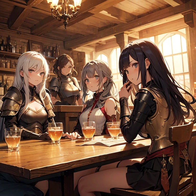 A group of  female medieval fantasy adventurers, (in tavern), various hair styles, harem, night, details face, short skirt, seducing, sleeveless, armor 