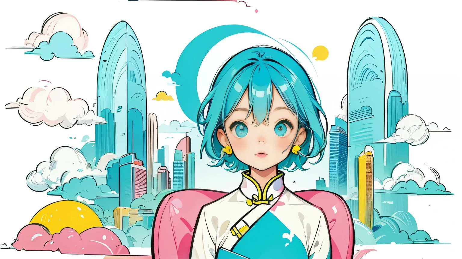 cute, animation style, kawaii, clearly, colorful cyberpunk, bubblegum pop, blue short hair, high detail, china, china dress, one person、heart、