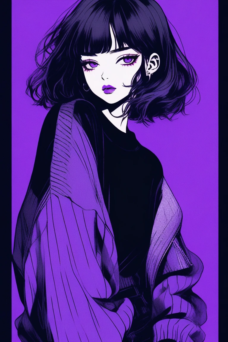 (highest quality, sketch:1.2), Dark monochrome background, Japanese Manga,Illustrator,Japanese Manga,1 girl, Delicate lips,sweater,custom,background completely black, Neon Hair,Texture Clipping,Canadian, masterpiece, Style: Retro Classic, 深いblack, art, sketch book, (Purple Bob Hair:1.35, black:1.55), bad woman