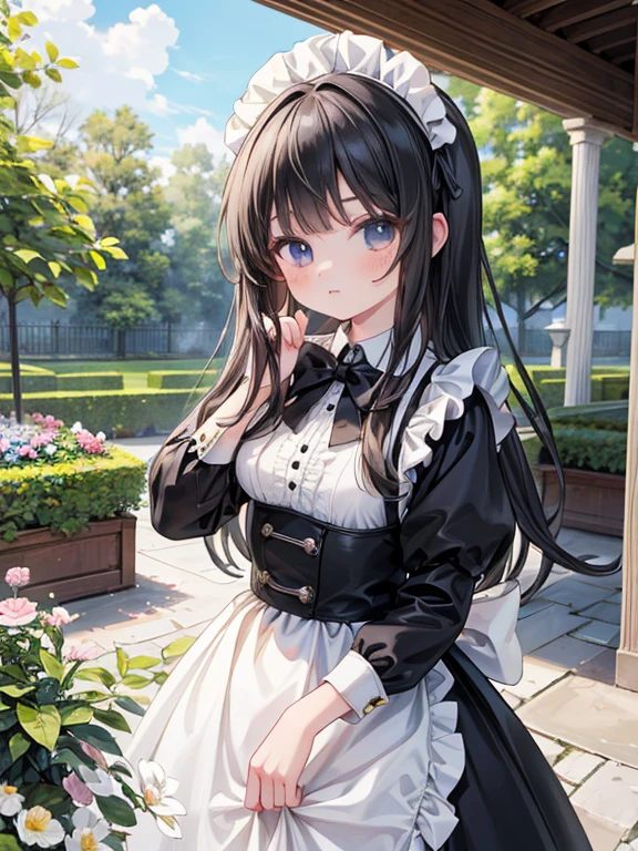 masterpiece, highest quality, Very detailed, 16k, Ultra-high resolution, Cowboy Shot, Detailed face, Perfect Fingers, A 14-year-old girl, black eye, Black Hair, Long Hair, Black maid outfit, Garden of the mansion,