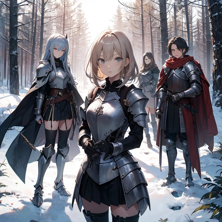 A group of female knight, (in forest), various hair styles, harem, wearing armored clothes, metal armor, night, details face, , short skirt, seducing, sword